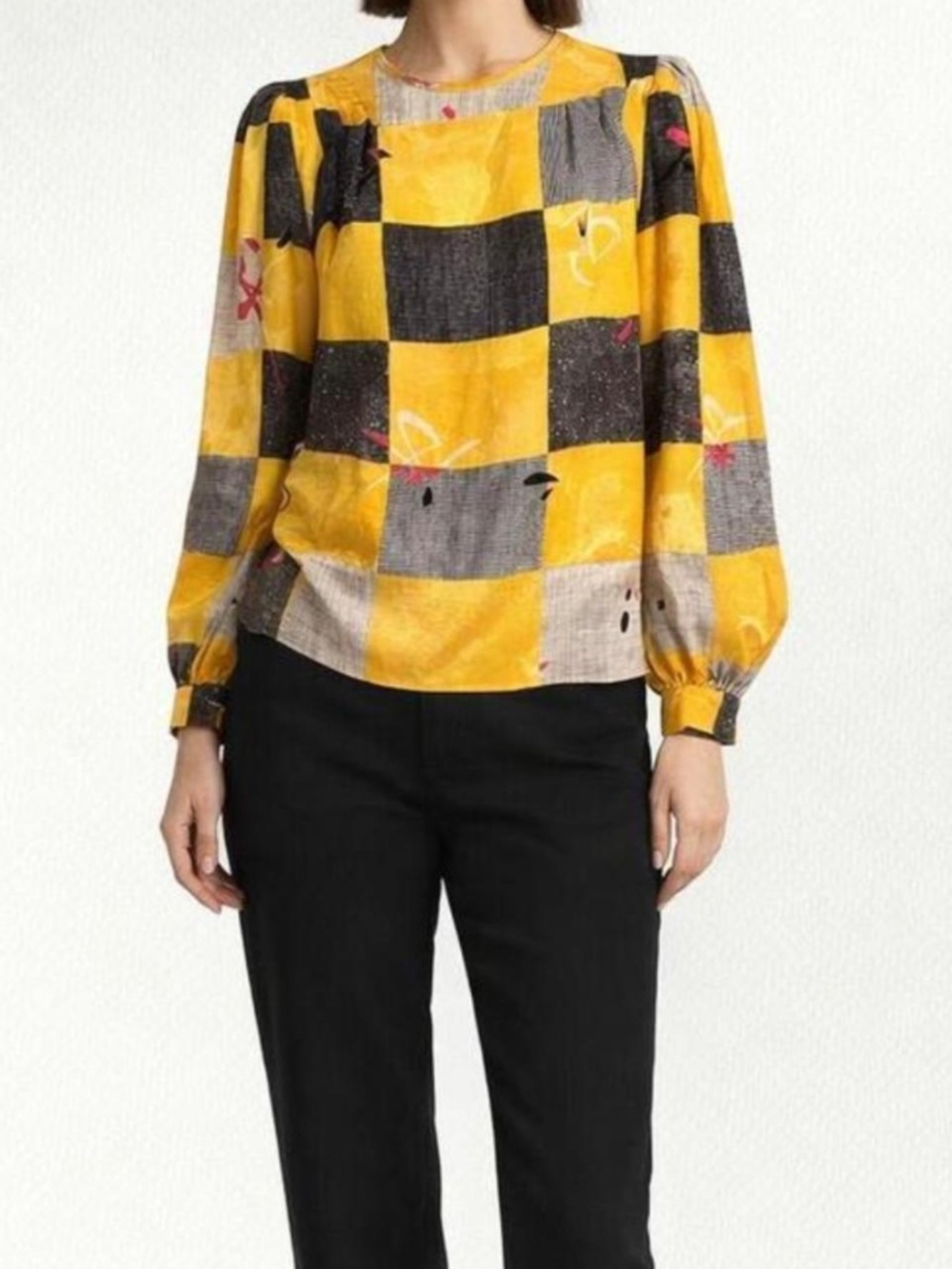 Vintage 80s Yellow and Black Checkered Long Sleeve Blouse Size 8